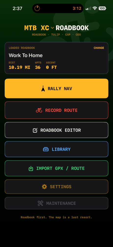 RoadbookX home screen with the loaded roadbook summary and buttons for Rally Nav, Record Route, Roadbook Editor, Library, Import and Settings.