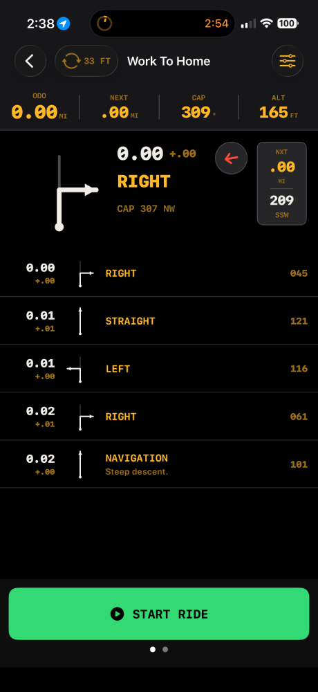 RoadbookX Rally Nav screen showing the ODO, NEXT, CAP and ALT instrument strip above a tulip diagram for a right turn.